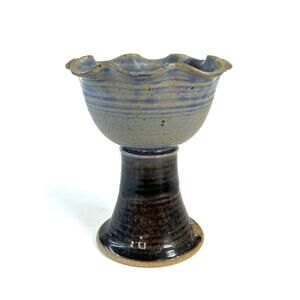 Pottery Studio Art Candy Dish Ruffle Top Swirl Blue Unique Stoneware Decor 7”